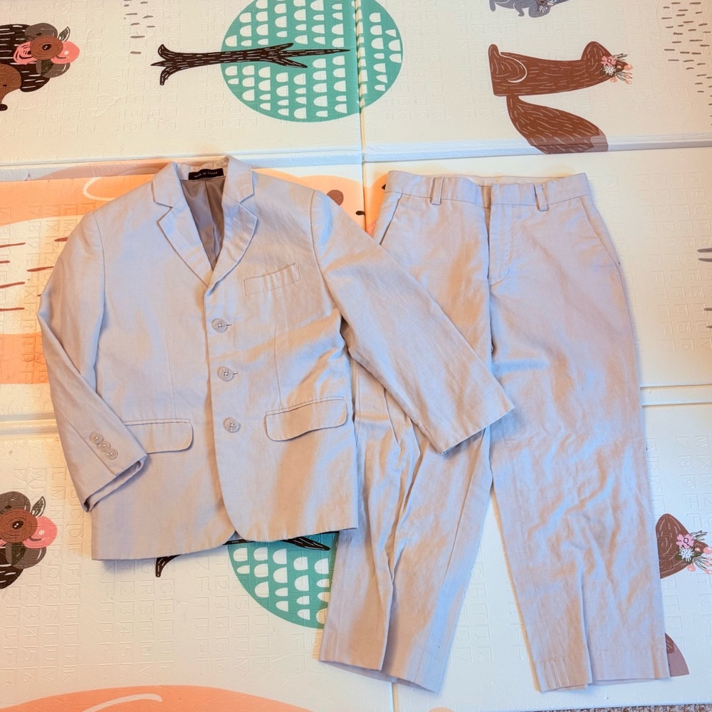 Spring Easter Calvin Klein Boys 8 Tan Light Gray Linen Cotton Blazer Pants Suit